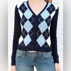 Brandy Melville Argyle Elizabeth Sweater Cardigan navy Cotton one size comfy